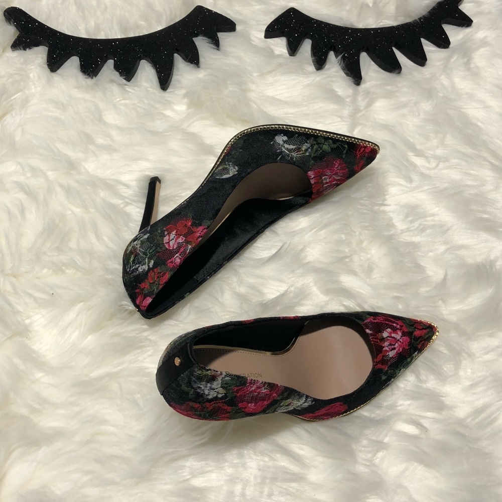 BCBG floral lace pumps